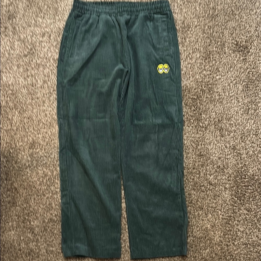 Crooked Green Corduroy Pants with Emoji Patch